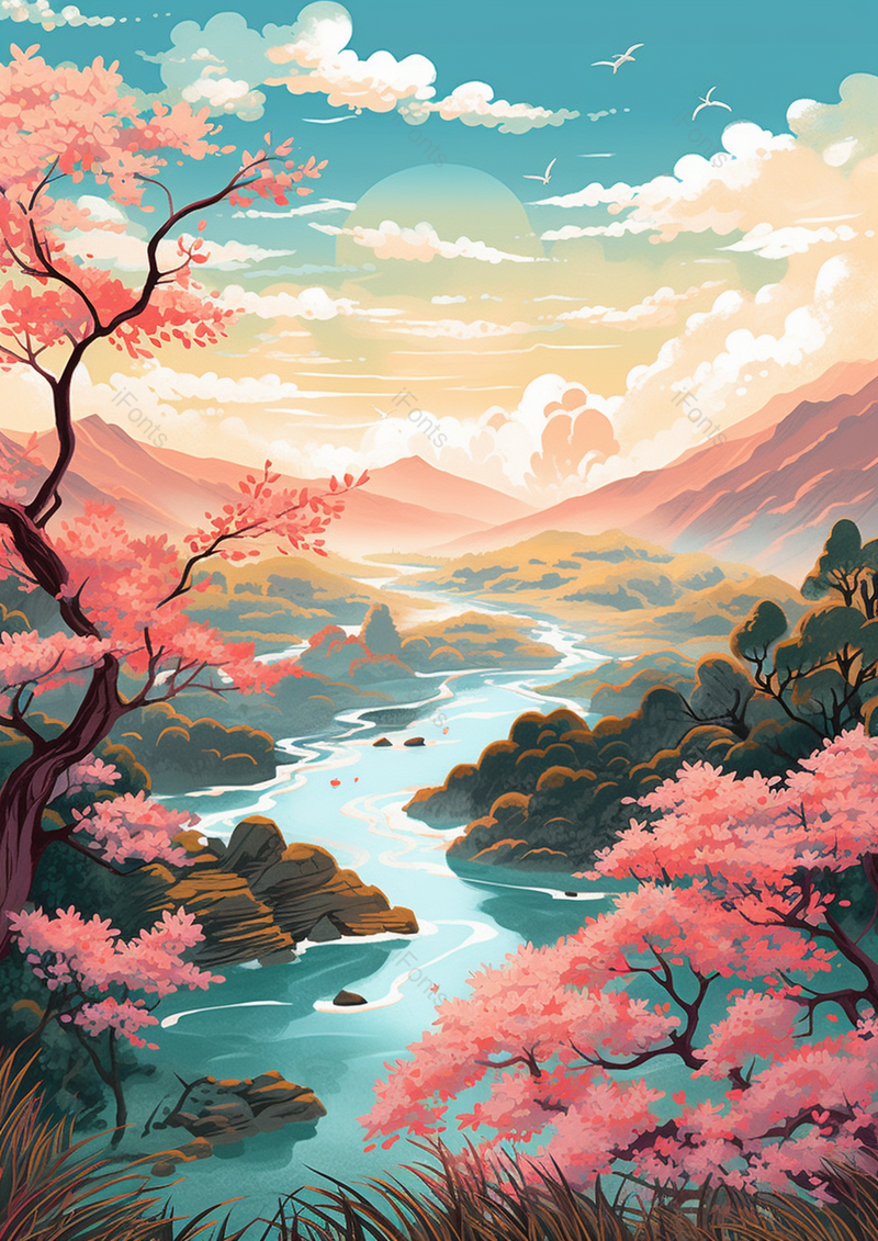蓝色自然手绘河流湖边山水设计背景,插画/手绘图,插画/手绘图库,插画/手绘图下载,插画/手绘